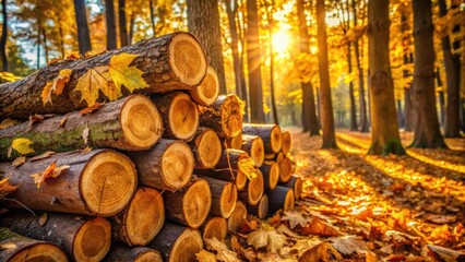 Poster - A Stack of Logs in a Golden Autumn Forest, Bathed in the Warm Glow of the Setting Sun