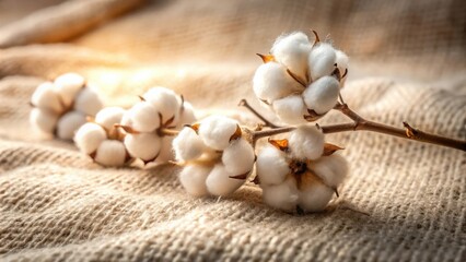 Aufkleber - Delicate Cotton Blossoms Resting on a Soft Knitted Fabric, Capturing a Moment of Tranquil Beauty
