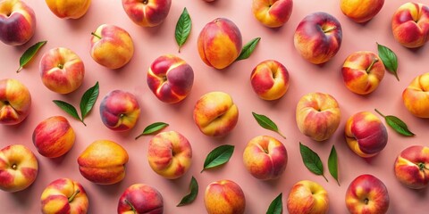 Aufkleber - A vibrant pattern of plump peaches and lush green leaves arranged in a symmetrical and eye-catching composition on a soft pink background.