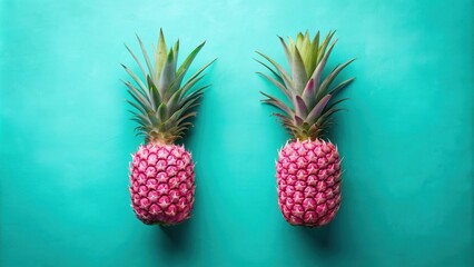 Poster - Two vibrant pink pineapples with green tops against a backdrop of turquoise blue create a vibrant and refreshing summer-themed image.