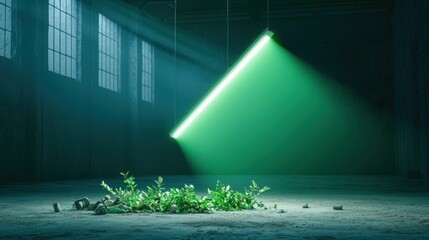 Wall Mural - a single, flickering fluorescent tube casting an eerie, green light on a dusty, abandoned warehouse,