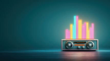 Wall Mural - a classic boombox blasting music, its speakers illuminated by colorful equalizer bars made of glowin
