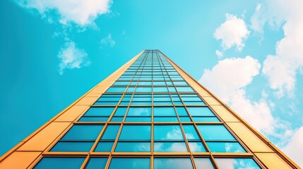 Poster - A low angle shot of a skyscraper with a distinctive triangular facade, emphasizing its towering height and sharp geometric lines.