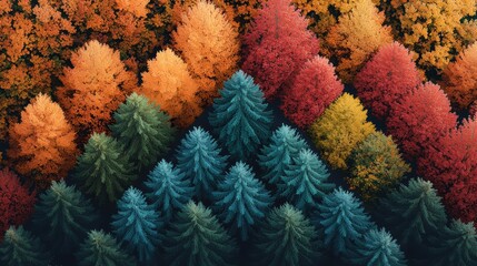 Poster - A vibrant autumnal forest scene with a triangular patch of evergreen trees standing out against the backdrop of colorful foliage.