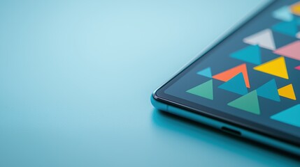 Poster - A close up of a smartphone screen displaying a sleek user interface with triangular icons and minimalist design elements.