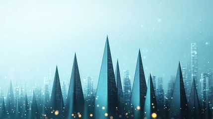 Poster - A 3D rendering of a futuristic cityscape, with buildings and structures composed of glowing triangular grids and futuristic architectural elements.