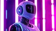 © Jesse - A futuristic robot with a sleek, glossy surface and a minimalist design stands prominently against a backdrop of vibrant neon lights in purple and blue hues. The robot's head features a large, reflect