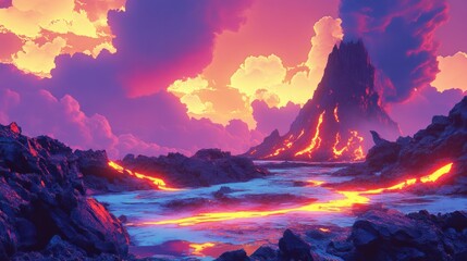 Sticker - Volcanic Sunset: A Surreal Seascape of Molten Rock and Vibrant Hues