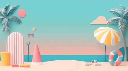 Poster - A beach scene with colorful banners promoting summer clearance sales, featuring swimsuits, beach towels, and summer essentials at discounted prices.