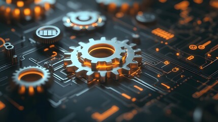 Poster - A close-up of mechanical gears integrated into a digital circuit board, representing the fusion of technology and machinery in a futuristic setting