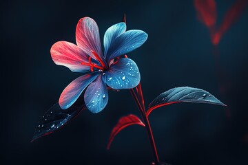 Wall Mural - Vibrant blue and red flower with water droplets, dark background.