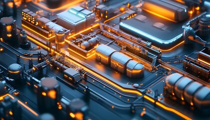 Poster - A futuristic view of a complex circuit board with illuminated pathways, showcasing the vibrant and intricate designs of modern technology and innovation.