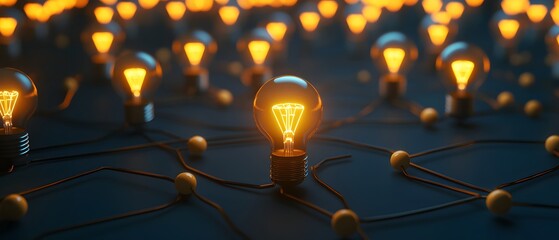 Poster - A stunning close-up of glowing light bulbs interconnected with wires, symbolizing innovation and creativity. Perfect for themes of technology, ideas, and modern advancements.