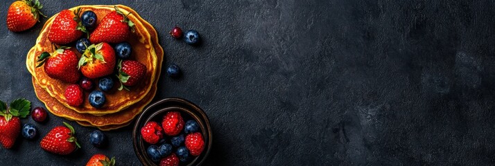 Aufkleber - Delicious stack of golden pancakes with fresh strawberries and blueberries ready for breakfast on a dark background. Generative AI