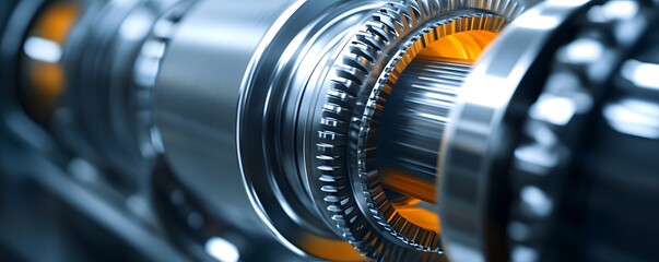 Poster - Close-up of a high-tech turbine component, showcasing intricate mechanical details and vibrant orange lighting, highlighting modern engineering and industrial innovation.