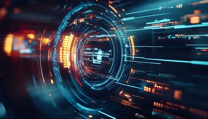 Poster - Futuristic digital interface with glowing lines and circular elements, representing speed and advanced technology. Ideal for themes related to innovation and modern systems.
