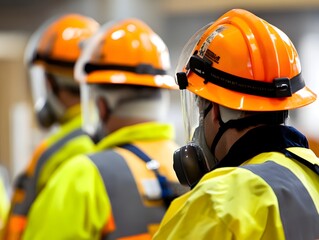 Poster - Workers in safety gear and helmets stand prepared in an industrial setting, emphasizing the importance of safety and teamwork in a construction environment.