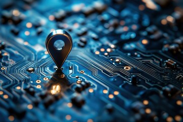 Poster - Location marker on a circuit board, symbolizing digital mapping and geolocation technology.