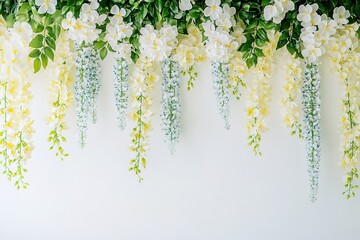 Elegant floral arrangement with cascading blossoms against a white backdrop. Perfect for weddings, events, or home decor.