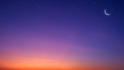 night sky ramadan background with crescent moon and star on dark blue twilight sky with copy space f