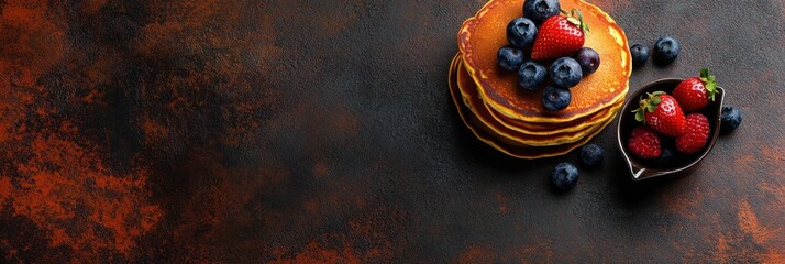 Poster - Delicious stack of golden pancakes topped with fresh strawberries and blueberries on a dark textured background. Generative AI