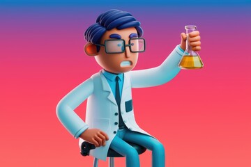 Poster - A 3D cartoon scientist examines a beaker of yellow liquid.