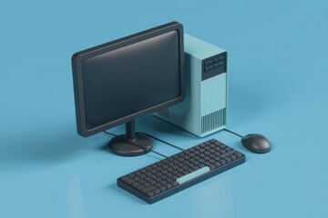 Poster - A minimalist desktop computer setup with a monitor  keyboard  and mouse on a blue background.