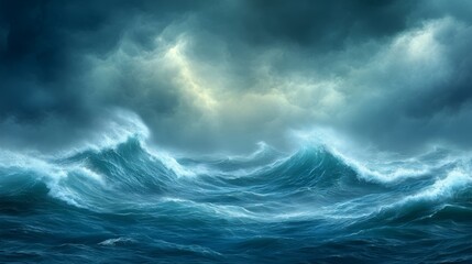 dramatic ocean waves under a stormy sky.