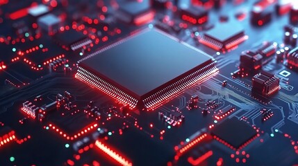 Poster - Red Glow of Innovation: A close-up of a powerful CPU chip, illuminated by a vibrant red glow, sits at the heart of a complex circuit board.