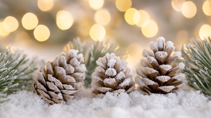 Poster - Frosted pinecones with snowy branches and glowing festive lights in the background