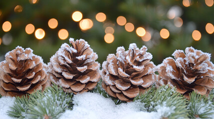 Poster - Frosted pinecones on snow with evergreen branches and warm bokeh light background