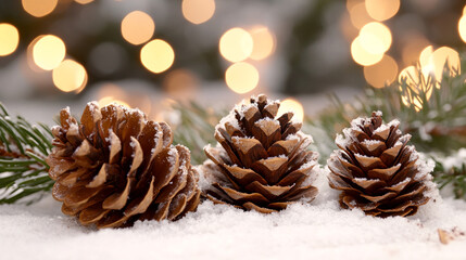 Poster - Frosted pinecones on snow with evergreen branches and warm bokeh light background