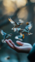 Poster - Gentle interaction with small birds flying near a human hand in a serene natural setting