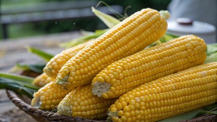 Wall Mural - Fresh Yellow Corn Cobs at Local Market, Farm to Table Vegetables