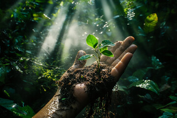Poster - A hand holding a sprouting plant in a lush forest with sunlight streaming through the trees