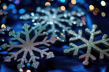 Aufkleber - A cluster of snowflakes sits delicately on the surface of a blue cloth, creating a visually appealing scene