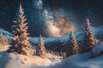 Aufkleber - A serene winter scene with snow-covered trees and misty mountains in the background