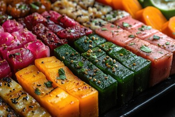 Poster - A close-up shot of a tray filled with different types of food, including meats, vegetables, and desserts