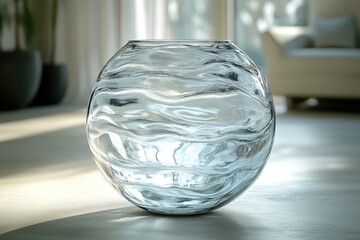 Poster - A clear glass vase sits atop a wooden or metal table, perfect for decorative purposes or as a centerpiece