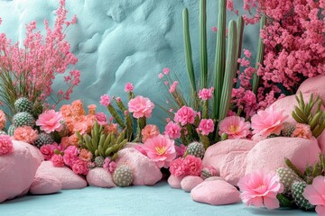 Poster - Colorful bouquet of pink flowers surrounded by prickly cacti