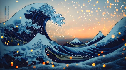 Poster - A hazy image featuring bokeh lights of The Great Wave off Kanagawa.