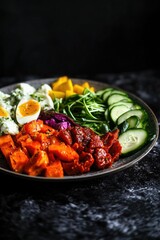 Poster - A plate of food sits on a black table