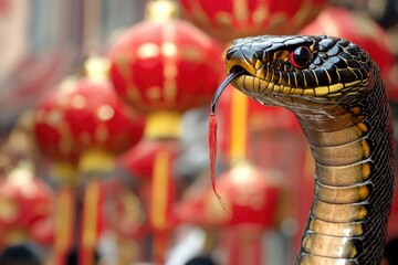 Poster - A close-up shot of a snake with red lanterns in the background, perfect for uses such as symbolism or mysterious scenarios