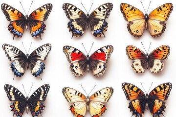 Poster - A group of colorful butterflies sit on a clean white surface, waiting to be admired
