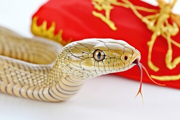 Poster - A close-up shot of a snake surrounded by a red bag