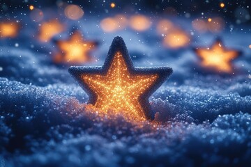 Aufkleber - A single glowing star shines brightly in the middle of a snow-covered field, against a dark blue night sky