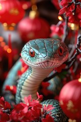 Poster - A close-up shot of a snake curled around a branch featuring red flowers