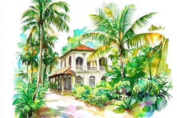 Poster - A colorful watercolor painting of a tropical house with lush greenery and vibrant flowers