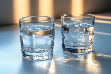 Poster - Two empty glasses of water sitting on a table in a modern setting