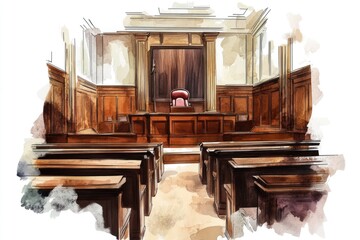 Poster - A depiction of a courtroom with a prominent red chair, ideal for illustrations related to justice and authority